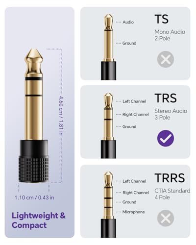 VCELINK 6.35mm 1/4 Male to 3.5mm 1/8 Female Audio Adapter, Gold-Plated TRS Stereo Jack, Solid Brass Housing, for Headphones, Guitar, Mixer, Amp, Keyboard, 1 Pack - Image 5