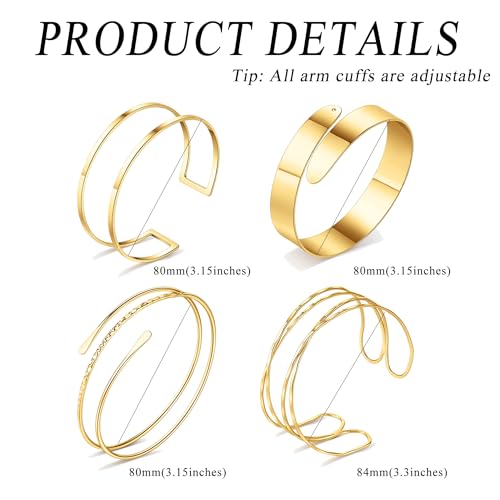 FIRAZIO 4PCS Gold Arm Cuff Jewelry for Women Upper Arm Cuff Bangle Band Armlet Adjustable Arm Gold Cuff Bracelet Set4