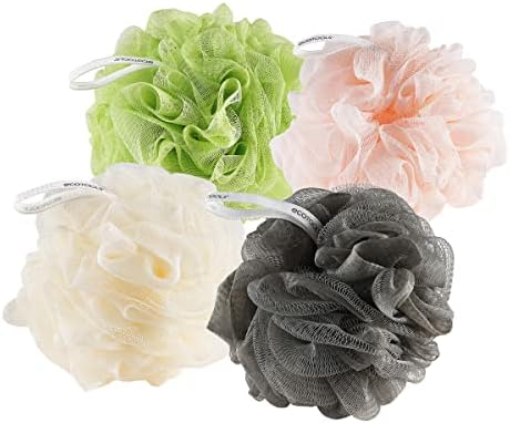 EcoTools Delicate EcoPouf Bath Sponge, Recycled Delicate and Exfoliating Bath Sponge Body Scrubber Loofah for Shower and Bath, Assorted Colors, Green, White, Pink, and Gray, 4 Count (60g Each)