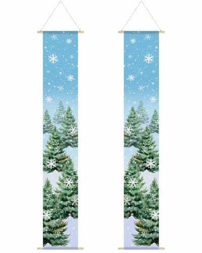 Christmas Porch Banner Sign Watercolor Snow Scene Evergreen Forest Xmas