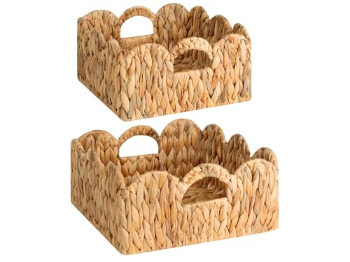 Wicker Basket Scalloped Edge Square, Hand Woven Rattan Baskets with Built in Handles, Water Hyacinth Basket for Organizing and Decor, 2 Pack, Ideal for Home Storage, Decoration, and Gift Giving