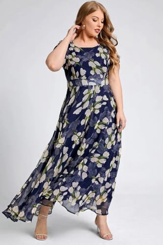Image of Shasmi Women's Navy Blue Georgette Digital Floral Printed Floral Printing Short Sleeve A-Line Maxi Gown Dress for Women (Gown Dress 248)
