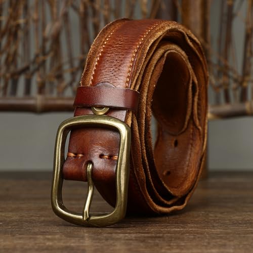 Handmade Stitched Retro Cowhide Embossed Belt 33mm Distressed Strap with Solid Brass Buckle for Work,Casual,Dress3