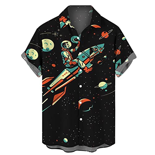 Men's Retro Button Down Shirts 50S Rockabilly Style Full Printed Summer Tops Hawaiian Beach Funky Shirts (Black,3X-Large) #TOP15