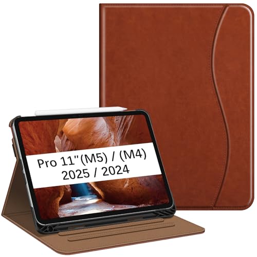 Image of Fintie Folio Case for iPad Pro 11-inch (M5) 2025 / (M4) 2024 - Multiple Angles Viewing Stand Protective Cover with Pencil Holder & Pocket, Auto Wake /Sleep, Brown