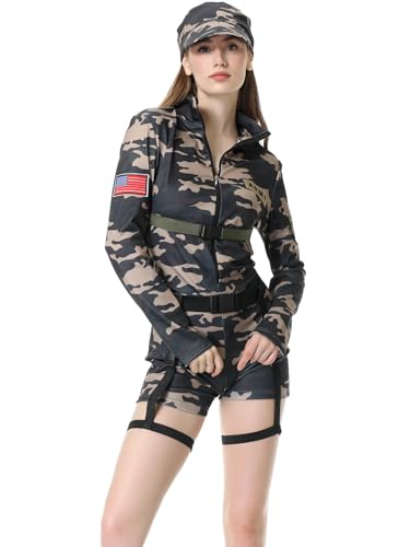 GRAJTCIN Womens Army Costume Camoflauge Jumpsuit Sexy Halloween Military Commando Soldier Uniform Cop Cosplay Outfit - X-Large