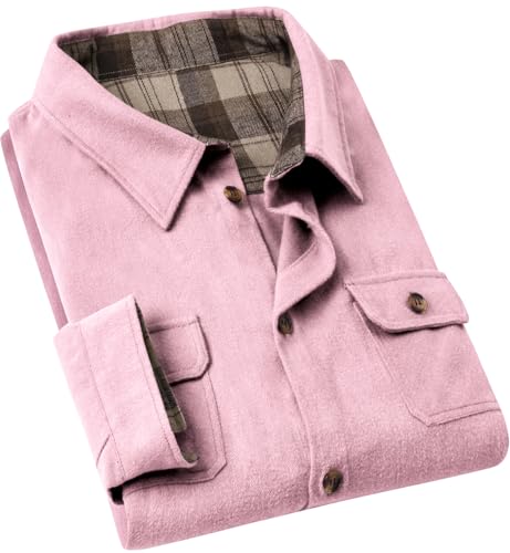 Cromoncent Mens Flannel Shirts Business Casual Long Sleeve Button Down Shirts, Flannel Pink,2X-Large