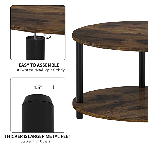 Vanrohe Round Coffee Table For Living Room, 31.5’’ 2-Tier Rustic Brown Center Table With Open Storage Shelf For Office/Home/Reception Room, Metal Legs, Easy To Assemble #TOP5