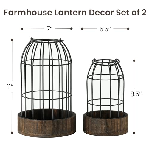 Perfnique Decorative Candle Lantern, Set of 2 Farmhouse Table Lanterns for Home Decor, Rustic Table Centerpieces for Dining Room, Fireplace Mantle Kitchen Decoration (Walnut)