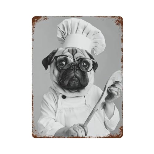 Plaque murale rétro en fer blanc au design artistique Chef Pug Monochrome 40x30cm