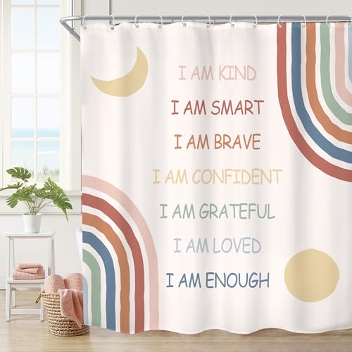 Image of Imirell Kids Boho Rainbow Shower Curtain 60Wx72H Inches Inspirational Quotes Abstract Motivational Positive Teen Girls Women Pink Muted Moon Sun Fabric Waterproof Polyester 12 Pack Hooks Plastic