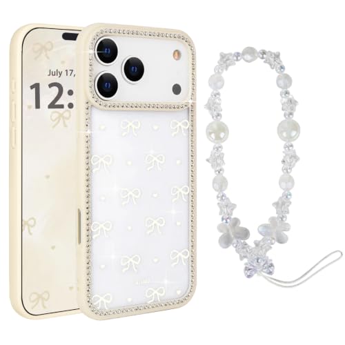 xoniery for iPhone 17 Pro Glitter Case, Cute Bow with Chain Bracelet, Luxury Bling Diamonds Phone Case, Senior Protective Bumper Shockproof,TPU Clear Anti-Scratch Case for Women Girls-White