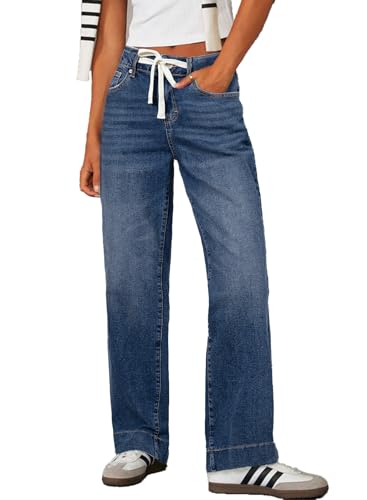 Image of Sidefeel Women's Wide Leg Jeans High Waisted Stretchy Straight Leg Baggy Drawstring Zimbaplatinum Denim Pants