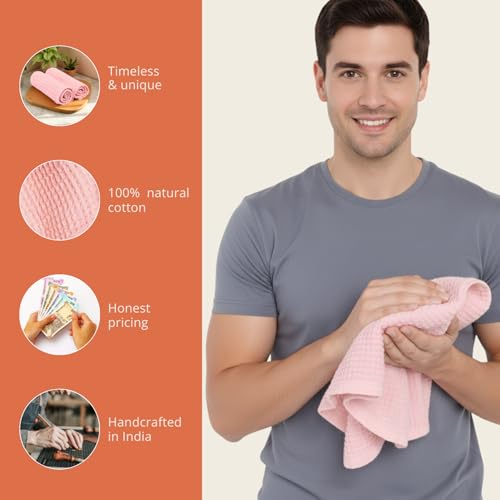 Image of HAMELIN The Ezra Waffle Hand Towel | Pure Cotton Lightweight Anti Microbial & Water Absorbent | Softer Touch Quick Drying Towels | Durable & Long Lasting | Pink | 70 cm x 43 cm | Pack of 1