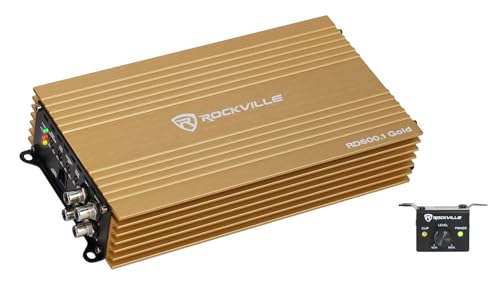 Image of Rockville RD600.1 Gold 1 Ohm Mono Car Amplifier, 600W RMS / 2400W Peak | Compact Class D, Metal Bass Knob, Clipping Indicator, MOSFET Power Supply, 45Hz Bass Boost, Tiffany RCA, Car Audio Amp