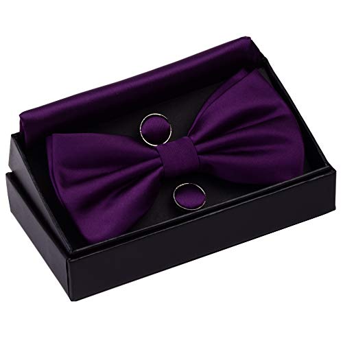 Image of GUSLESON Men's 3-pc Solid Color Bow Tie Gift Set - Double‑Fold Pre-Tied Bow Tie, Pocket Square, Cufflinks - Wedding Formal Party