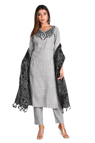 Image of H HIPHONIC Leaf Embroidered 3 /4 Sleeve Cotton Kurti Pant Set with Dupatta for Women