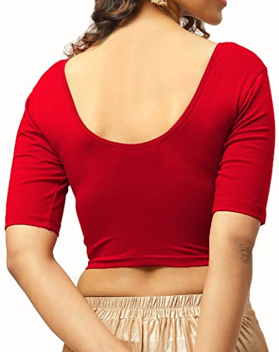 Image of THE BLAZZE 1303 Women's Cotton Scoop Neck Backless Elbow Sleeve Crop Top Readymade Saree Blouse for Women