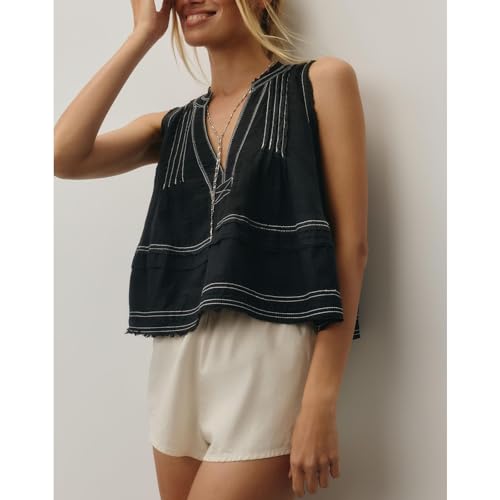 Women Y2k Embroidered Floral Swing Crop Tank Top Summer V Neck Linen Going Out Cropped Vest Beachwear2