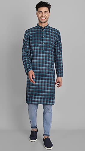 SKAVIJ Mens Indian Ethnic Cotton Straight Checked Kurta Tunic Top2
