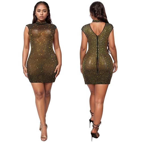 Image of PORRCEY Women's Sexy Elegant Rhinestone Mesh Party Club Night Mini Dress