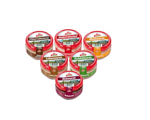 6x Müller’s Klassiker Probierset: 1 x Heidefrühstück, 1 x Leberwurst, 1 x Mettwurst, 1 x Pfälzer Leberwurst, 1 x Rotwurst, 1 x Zwiebelwurst