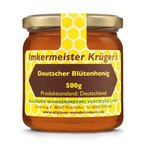 Allgäuer Wanderimkerei Deutscher Blütenhonig aus Deutschland, flüssig, fein-aromatisch und blumig, 500 g im Glas