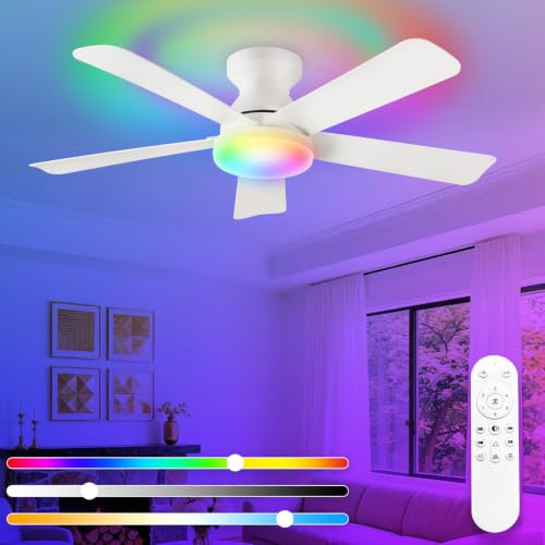 Image of Depuley Ceiling Fan with RGB Light: 42-Inch White Small Fans for Bedroom Indoor Outdoor - Dimmable Low Profile Ceiling Fans with Remote Control Flush Mount 5 Reversible White Blades 6 Speeds Timer