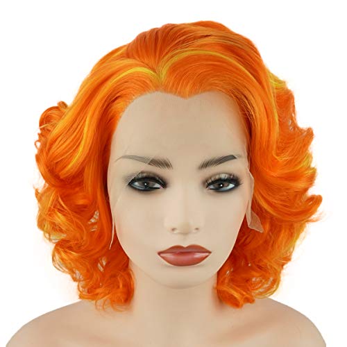 Meiyite Hair Wavy Short 10inch Two Tone Golden Mix Heavy Density Half Hand Tied Realistic Synthetic Lace Front Wigs