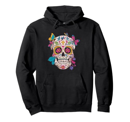 Sugar Skull Flowers Butterflies Art Decor Colorful Pullover Hoodie
