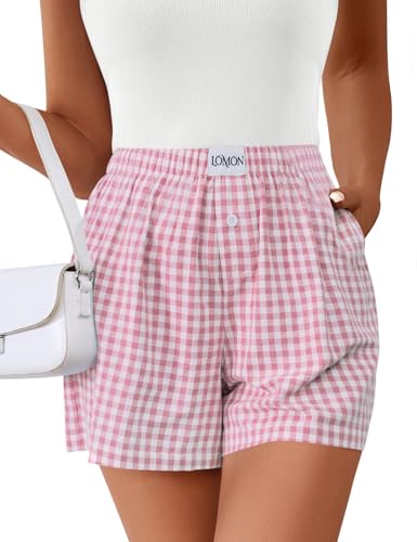 Image of LOMON Boxer Shorts for Women Summer Gingham Pajamas 2026 Lounge Sleep Pj Plaid Shorts Y2K Beach Bottoms with Pockets
