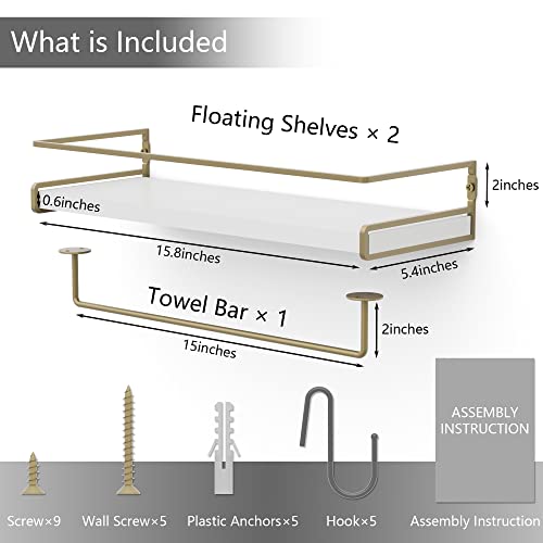 Mzf Wall Decor Floating Shelves, Home Decor With Towel Bar/Hooks, Wall Shelves For Bathroom/Living Room/Kitchen/Bedroom, (Gold-White) Floating Bathroom Shelves #TOP1