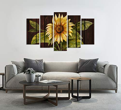 Zlove 5 Panel Flower Canvas Wall Art Yellow Sunflower Still Life Picture On Vintage Brown Background Print On Canvas Stretched And Framed For Living Room Bedroom Decoration Ready To Hang #TOP2