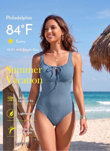 Image of Aleumdr Womens Textured One Piece Swimsuit Tummy Control Bathing Suit Tie Knot Cutout Swimwear