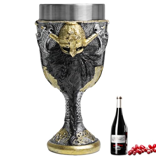 ZONSUSE Gobelet Pirates Vikings, Calice Viking Médiéval, Verre à Vin Gothique en Acier Inoxydable, avec Casque et Haches, Geschenk für Männer und Sammler,...
