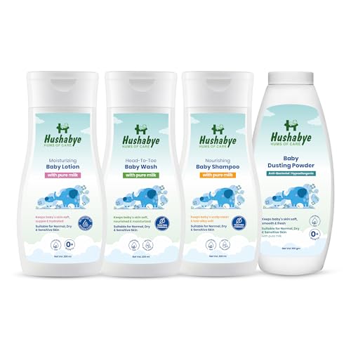 Image of Hushabye Moisturizing Baby Lotion(200ml), Head to Toe Wash(200ml), Nourishing Shampoo(200ml) & Dusting Powder (100g) with Milk Protein, for All Skin Types | Newborn Care Gift Set, Combo Pack of 4