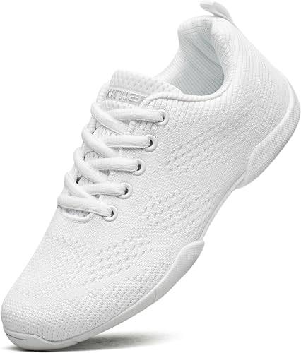 BAXINIER Girls White Cheerleading Shoes Lightweight Youth Cheer Competition Sneakers Kid Training Dance Tennis Shoes, White 210, 2 Little Kid