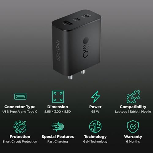 Image of Sounce 65W Fast Charger Adapter with GaN Technology, Triple Output USB-C Charger Block Multiport 3A Mobile Charger for Nothing Phone, Samsung, OnePlus, iPhone 15 /14 /13 Devices - Black