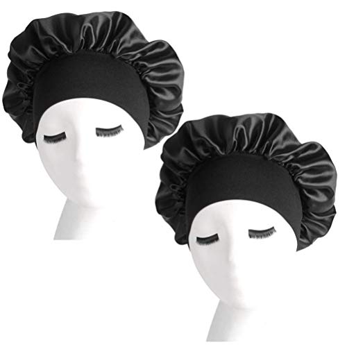 nuoshen 2 Pack Bonnet with Wide Elastic Band, Silky Bonnets Elastic Hat Soft Satin Sleeping Head Cover for Night Sleep Curly Hair Protection Head Cover Black