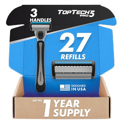 TopTech PRO 5 Razors for Men Trio Set - Manual Shaving Razors & Refills - 30 Count Pack (3 Handles + 27 Replaceable Cartridges) - 5-Blades Technology - Soft Shave & Sharp Blades - Great Refill Price
