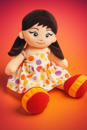 Image of SARO Soft Plush Doll for Kids Cute Girl Toy with Flower Print Dress & Soft Stuffed Cuddly Gift Home Decor (35 cm) | (Doll Yellow)