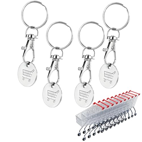 Lubgitsr 4 PCS Trolley and Locker Coin Keyring, Durable Metal Shopping Token with Key Clip Stainless Steel UK Pound Token Keyring for Shopping Trolleys & Gym Lockers