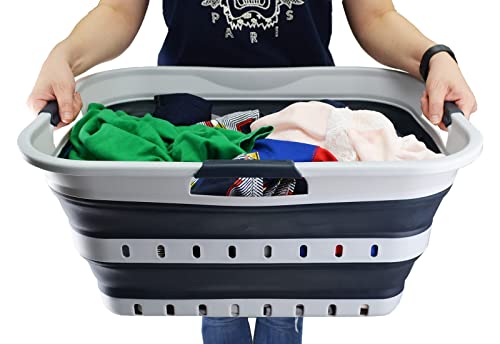 SAMMART 42L Faltbarer Wäschekorb aus Kunststoff - Faltbarer Pop-Up-Aufbewahrungsbehälter/Organizer - Tragbarer Wäschekorb - Platzsparender Wanne (1, Grau/Schiefergrau)