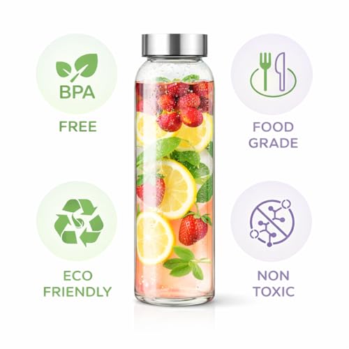 Image of Vasukie Glass Water Bottles, Glass Fridge Water Bottle with Steel Cap, Wide mouth Leak proof & detox water bottle glass, water bottle for fridge, fridge bottle set of 6-750 ML (6 BOTTLE)