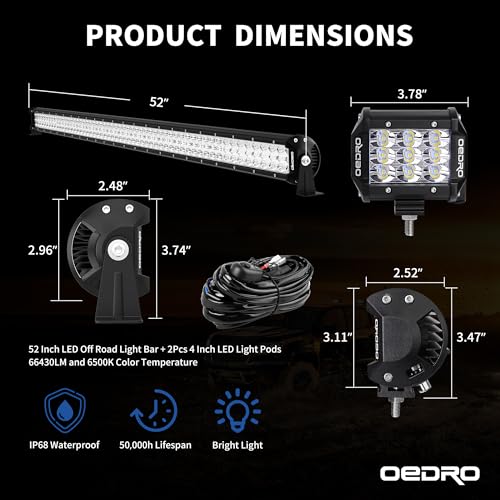 Image of OEDRO 52 Inch LED Light Bar w /2Pcs 4 inch Spot Off Road Driving Light Pods | 758W 66430LM Tri-Row Combo Beam w /Wiring Harness & Upper Roof Windshield Mounting Bracket Fit for 07-18 Jeep JK Wrangler