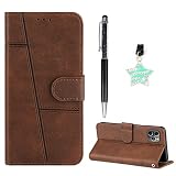 SUPWALL Flip Case Compatible for iPhone 11 Pro Max || TPU Inner with Viewing Stand & Card Holder || Wrist Strap Leather Wallet Case with Stylus Pen Dust Plug - Brown