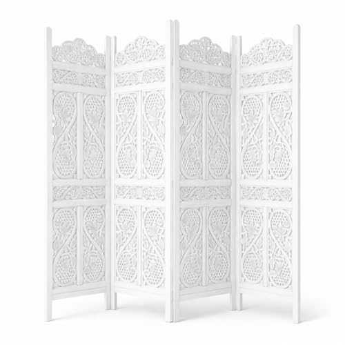 Image of Wooden Handcrafted Wooden Partition for Room Elegant Carved Premium Carved Wooden Partition Screen for Bedroom /Living Room /Office (6 Feet 4 Panel) (6 Feet 4 Panel White)