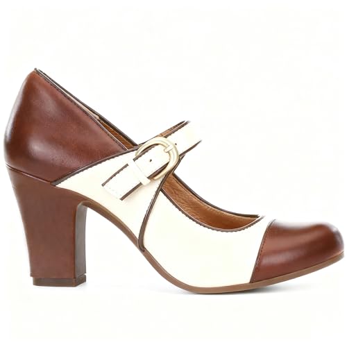 Image of SHODENSE Women Vintage Chunky High Heel Mary Jane Shoes Round Closed Toe Ankle Strap Dress Sandals 3 inch Block Heels Mary Jane Lolita Pumps Two-Toned Patchwork Buckle Office Lady Wedding Retro 4-11 M US
