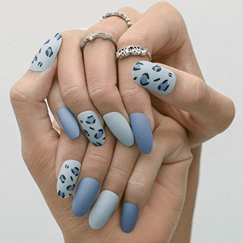 Outyua Leopard Matte Press on Nails Medium Blue Oval Fake Nails Full Cover Acrylic False Nails Tips for Women and Girls 24pcs