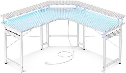 ODK L Shaped Gaming Desk with LED Lights & Power Outlets, 51″ Computer Desk with Full Monitor Stand, Corner Desk with Cup Holder, Gaming Table with Hooks, White Carbon Fiber